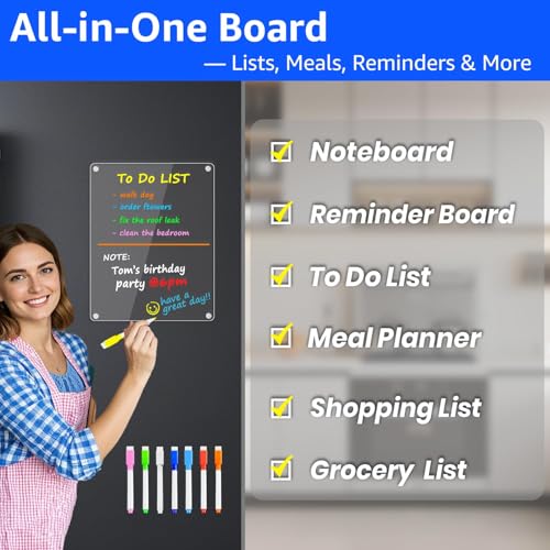 Image of PigPotParty Clear Acrylic Magnetic Whiteboard for Fridge, 2 Pack 9.5 inchx12 inch Dry Erase Board Blank Memo Shopping /Grocery to Do List Meal Planner Chore Chart for Adult Teens Kids, w / 8 Markers & 1 Towel