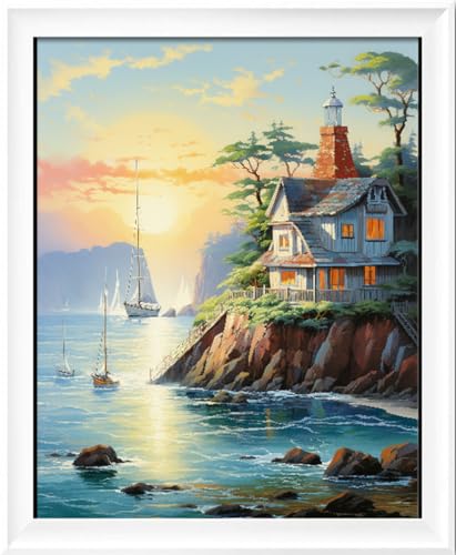 Image of Leczany Cross Stitch Stamped Kit for Adults - Beach House | DIY Embroidery Starter Patterns Craft Kit Needlepoint for Beginner | 11CT, 3 Strands | 13.4x16.9 inches