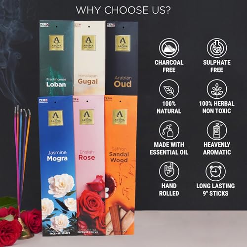 Image of The Aroma Factory Premium Incense Sticks for Pooja | Set of 6 Fragrances Gift Pack (Oud, Mogra, Loban, Sandalwood, Rose, Gugal) 120 Agarbatti (6 x 20 Sticks Each)