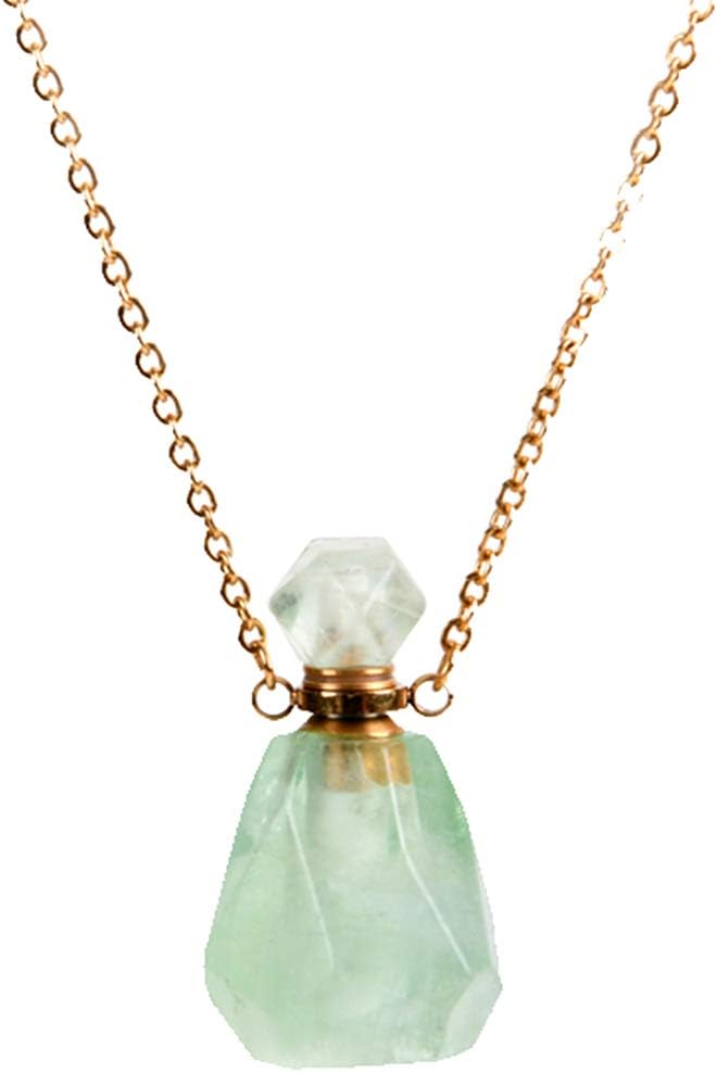 YGLINE Fluorit Stone,Crystal Vial Essential Oil Necklace,Perfume Necklace,Gemstone Bottle Jewelry