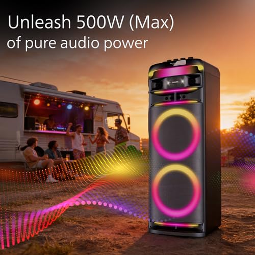 Image of Philips TAX5004 500W Bluetooth Party Speaker with 2 Free Wireless Mic, Powerful Sound, Deep Bass, RGB Lights, LED Display, Portable Loudspeaker with USB, AUX, DJ Party Effects for House Party