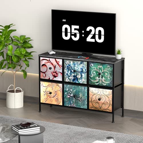 Yilqqper Dresser For Bedroom With 6 Drawers, Wide Dresser For Closet, Living Room, Tv Stands, Kids, Nursery, Chest Of Drawers With Sturdy Steel Frame, Fabric Bins, Wood Top (Floral Painted) #TOP1