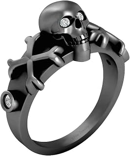 Gun Metal Fn 925 Sterling Silver Skull and Crossbones Ring Spooky Gothic Skull Wedding Ring