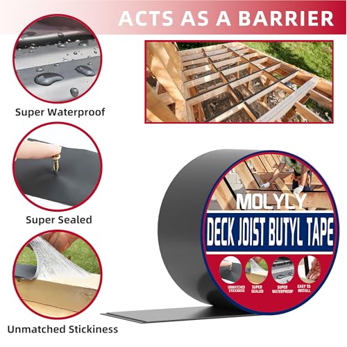 MOLYLY Joist Tape for Decking 1-5/8" x 50', 6 Rolls Weather-Resistant Deck Joist Tape,Waterproof Butyl Joists Tape, Self-Adhesive Flashing Deck Tape for Joists Extend Deck Beam Roof Life by MOLYLY - Image 3