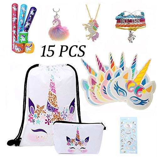 Tooplab Pack de 15 Regalos de Unicornio para niñas Navidad Christmas Carnaval, Mochila con cordón Bags/Maquillaje Bolsa/Collar Aleación Cadena/máscara de Unicornio/Llavera/Pulsera