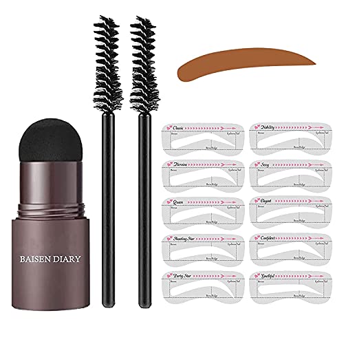 GALLIA Eyebrow Stamp Stencil Kit, One Step Brow Stamp Shaping Set Professional Eyebrow Powder Stamp Makeup Tools with 10 Reusable Eyebrow Stencils 2 Eyebrow Pen Brushes (Brown)