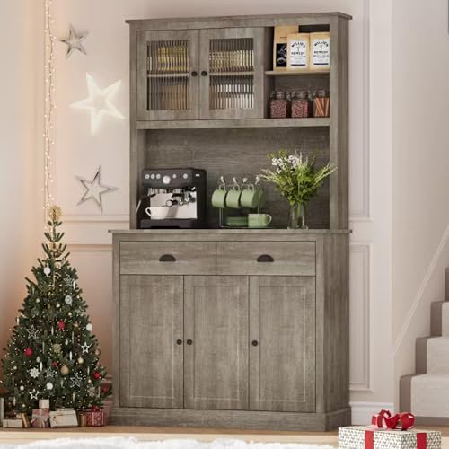 GarveeHome Pantry Cabinet with Drawers and Adjustable Shelves, 71”Tall Freestanding Kitchen Cabinet with Microwave Stand, Kitchen Hutch for Dining Room, Rustic Grey