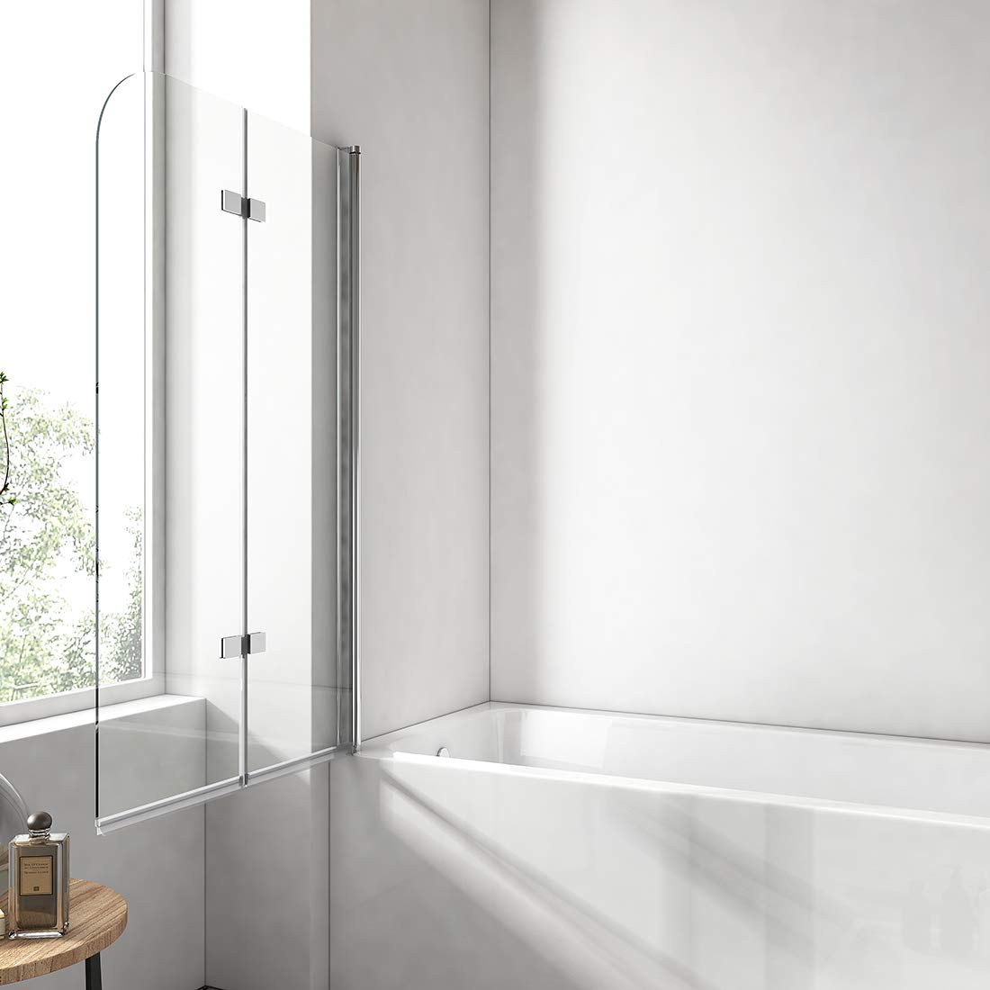 EMKE Mampara de bañera plegable 120x140cm, 2 hojas pivotantes, Cromo | mampara bañera de cristal de seguridad de 6 mm, Giratorio 180°,Revestimiento nano fácil de limpiar