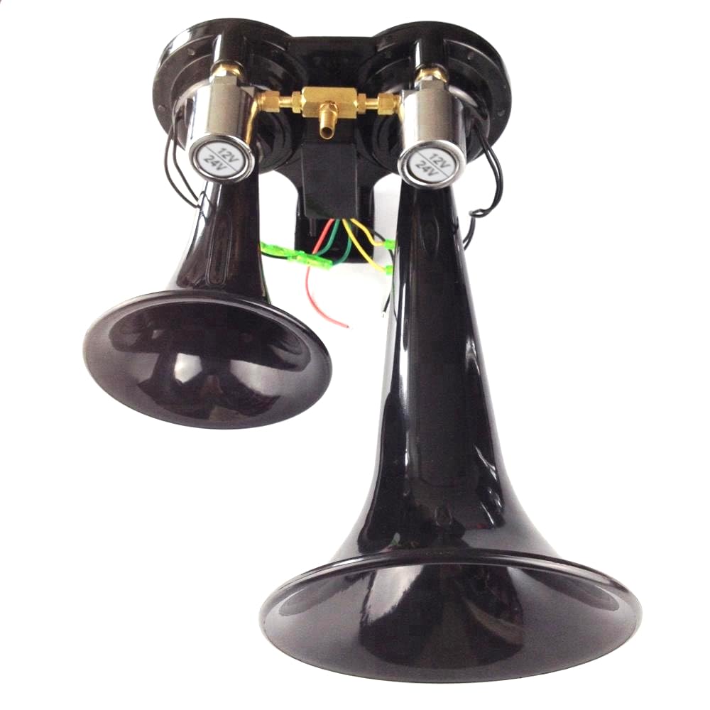 Klaxon à Air Double Trompe Noir 12V 24V 170dB Supert Fort Pneumatique Pour Camion Train TGV Bateau Tracteur