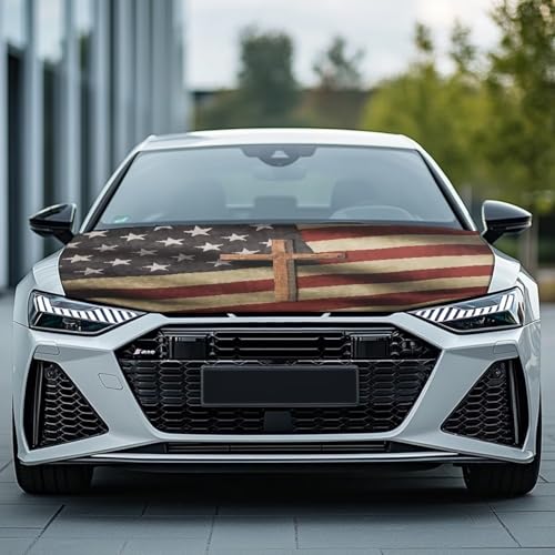 Image of American Bone Cross Car Hood Cover Stretch Polyester Car Hood Cover Washable Automotive Accessories Suitable Most Automotive Sedans Trucks SUVs Sports Cars
