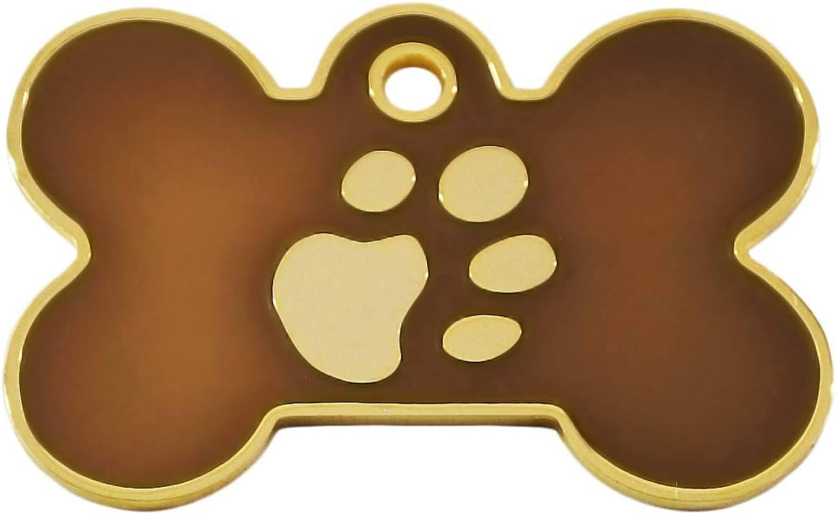 Surrey Feed LARGE BROWN BONE TAG with GOLD PAW PRINT DESIGN. Engraved Dog/Pet ID NAME Tag. Pet Fashion. PLEASE EMAIL US WITH ENGRAVING DETAILS WHEN PLACING YOUR ORDER