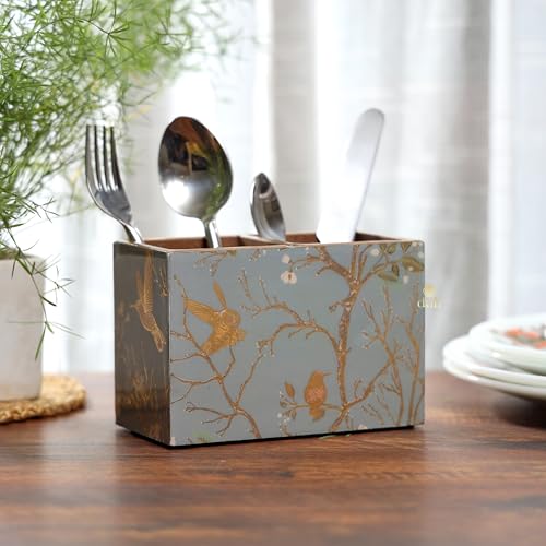 Image of DULI Multipurpose Stand, Cutlery Holder, Spoon Stand, Table Organizer with 2 Sections, Chammach Stand (10cm x 15cm) (MCDPSDbl- SilverGoldBirds NON-WP)