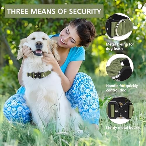 Ledeak Taktisches Hundehalsband mit Griff, Verstellbares Anti Zieh Breites Hunde Halsband Gepolstert, Dog Collar mit Metallschnalle erziehungshalsband für Hunde (Armeegrün, XL)