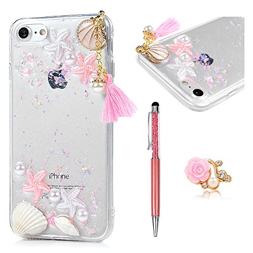 MOLLYCOOCLE iPhone 7 Glitter Case, Handmade Glitter Bling Case with Clear Transparent Silicone TPU Bumper Protective Cover Case for iPhone 8 Girls Women - Summer Ocean Shell Style