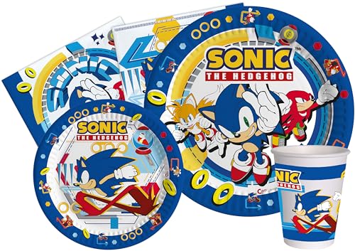 Kit louça de festa Sonic the Hedgehog para 8 pessoas (44 peças: 8 pratos Ø 23 cm, 8 pratos Ø 18 cm, 8 copos 250 ml, 20 guardanapos 33 x 33 cm) de papel compostável eco-friendly