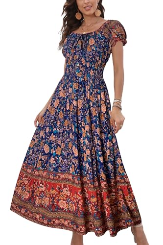 OSTOO Women's 2025 Summer Short Sleeves Boho Floral Print Tiered Casual Flowy Long Maxi Dress(Deep Blue,S)