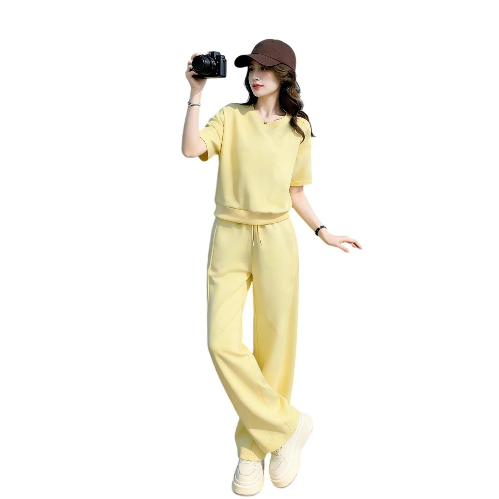 Sudadera de manga corta y pantalones de pierna recta de mezcla de algodón para mujer 7