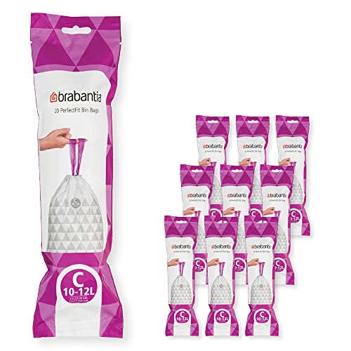 Brabantia 137983 PerfectFit Bin Liners Multipack (Size C/10-12 Litre) Thick Plastic Trash Bags with Tie Tape Drawstring Handles (200 Bags) White