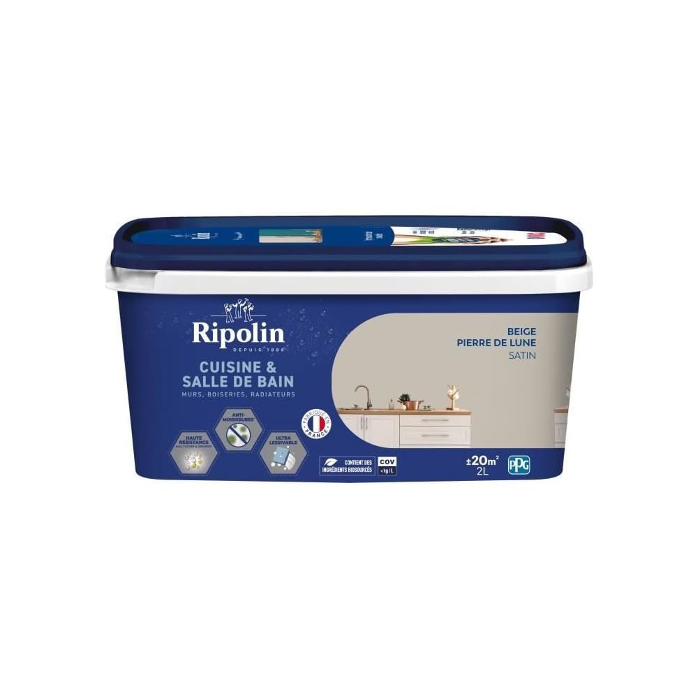 RIPOLIN – Pintura interior para cocina y baño – Muros, carpintería y radiadores – Adecuado para piezas húmedas – efecto perlante – Lavable – Alta resistencia – Beige piedra de luna – Satén – 2L