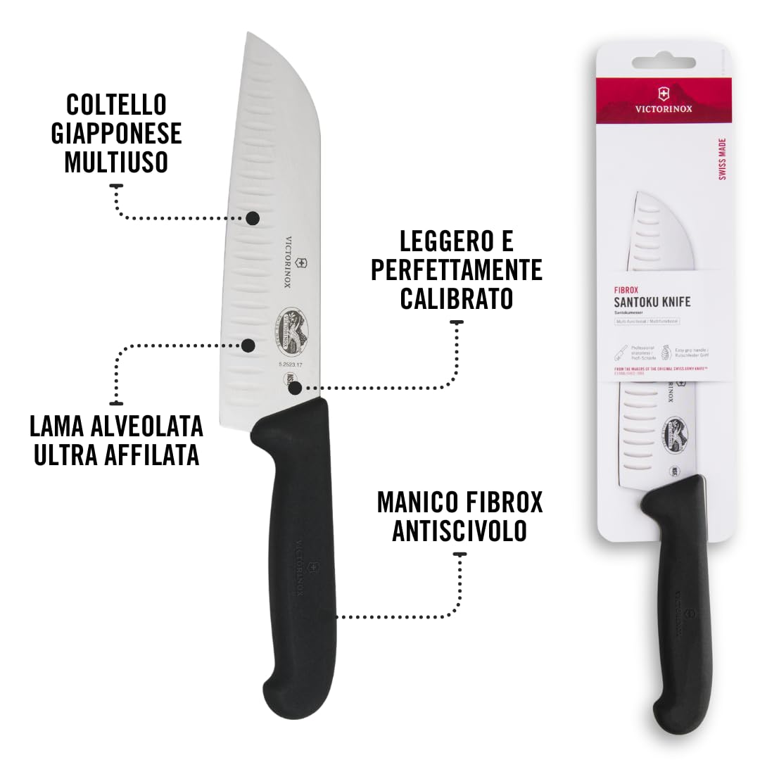 Victorinox Fibrox, Coltello Santoku con Lama Alveolata, Coltello da Cucina giapponese per Carne, Pesce e Verdura, 17 cm, Affilato, Acciaio Inossidabile, Nero