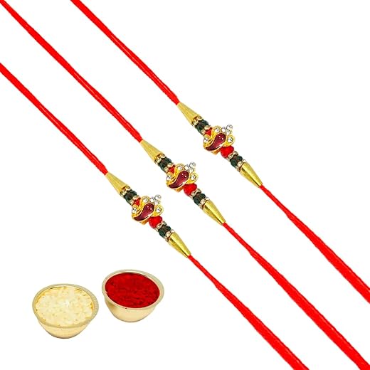 KHANDEKAR Set of 3 Ganesha Design Rakhi for Brother, Designer Rakhi Set for Raksha Bandhan, Rakhi Thread Bhaiya Bhabhi Sister Rakhi Band for Rakshabandhan with Roli Chawal