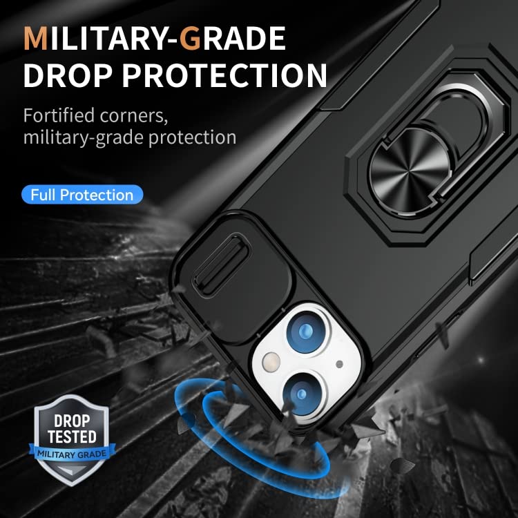 Image of Polycarbonate Back Cover Case Compatible for Apple iPhone 15 Plus with Slide Camera Cover & Rotated Ring Stand | Military Grade Mobile Phone Cover Case for Apple iPhone 15 Plus (Black)