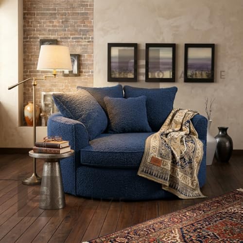 Image of SOFALIZE - Modern Barrel Accent with Pillows Round Sofa Oversize Arm Chair Cozy Club Chair for Bedroom, Living Room, Lounge, Hotel & Office, Hallways Blue Boucle