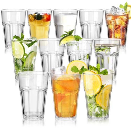 12PCS Vasos Transparentes Irrompibles, Vasos Plastico Acrílicos Premium Reutilizables de 420ml, Vasos de Cóctel Apilables de 13.5 OZ para Picnic en Casa Aptos para Lavavajillas