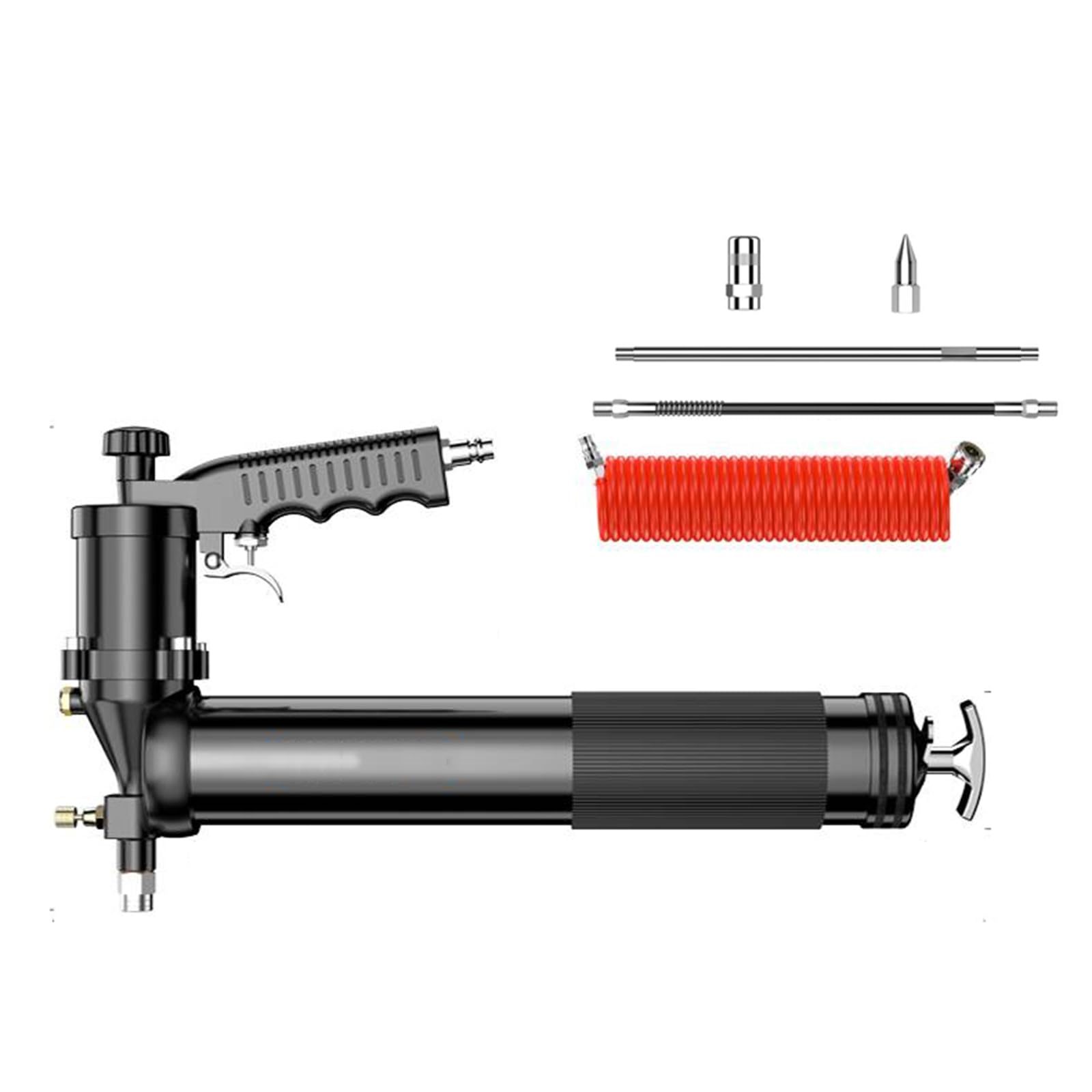 Kit De Pistola De Engrase Neumática para Trabajo Pesado De 12000 PSI, Disparo Continuo Extraíble, con Manguera/Tubo Duro/Boquilla Puntiaguda/Boquilla Plana Y 9 M De Tubo (con Conector)