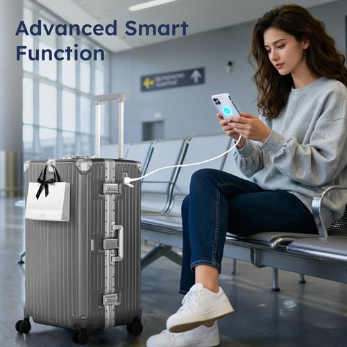 ALPHA CAMP Trunk Luggage, Large 26 Inch Thickened Aluminum Frame Luggage with TSA Spinner Wheels, 3-Layer PC Hardside Zipperless Travel Suitcase, Type-C USB Charging Port, Cup Holder, Grey - Image 3