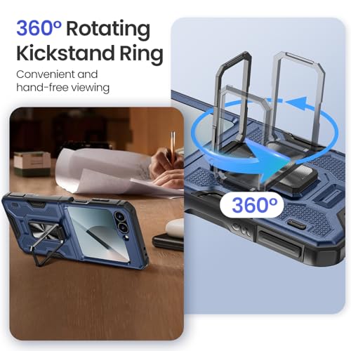 Image of VEGO for Galaxy Z Flip 6 Case Built-in Screen Protector& Hinge Cover | Built-in Magnetic Ring Kickstand Full Body Shockproof Protective Phone Case for Samsung Z Flip 6 2024, Blue