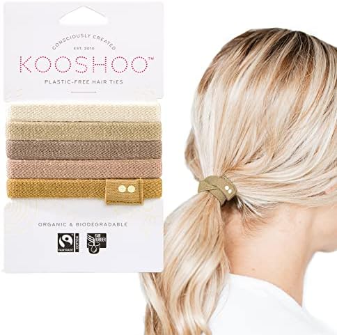 KOOSHOO Plastic-Free Hair Ties - Organic Cotton Hair Elastics - Machine Washable, Durable, No-Damage Hair Bands Made from Plants - Zero-Waste, Fair Trade, & Ethically Made Styling Accessories - 5ct