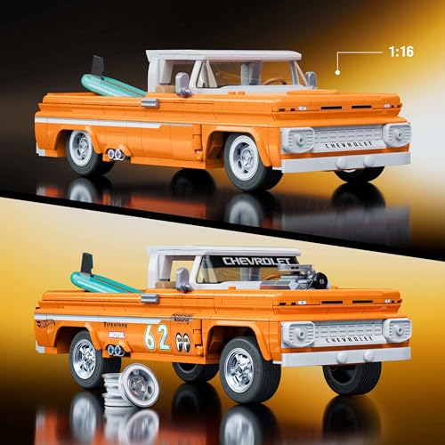 Image of Mattel Brick Shop Hot Wheels Elite Series Construction Kit, Custom '62 Chevy Pickup with 858 Pieces, Realistic Details and Individual Stickers, for Collectors and Children from 10 Years, JFT20