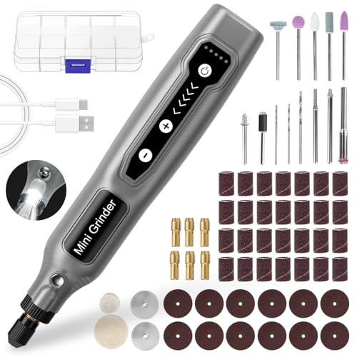 Cordless Mini Rotary Tool Set - 64Pcs Accessories 5 Speed 5000-18000rpm Multi-Purpose Mini Electric Grinder Kit 3.7V USB Rechargeable with Light for Engraving Grinding Polishing Cutting DIY Grey