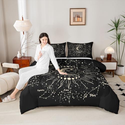 Image of Feelyou Sun and Moon Printed Comforter Set Boho Exotic Decor Bedding Set for Kids Boys Girls Galaxy Astrology Comforter Bohemian Gray Black Soft Quilt Set with 2 Pillowcases 3Pcs Bedding King
