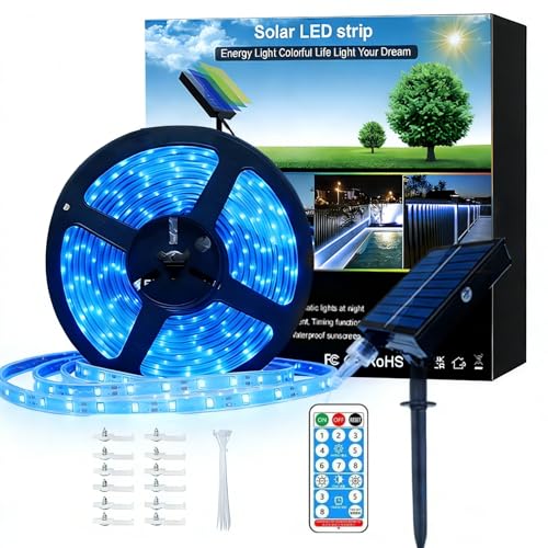 Image of Upgrade Solar Led Strip Lights Outdoor, 20ft Solar Rope Lights Self-Adhesive Waterproof, 8 Mode with Remote Timer and Auto On /Off, Perfect for Deck, Patio, Poolside, Camping Decor, Blue
