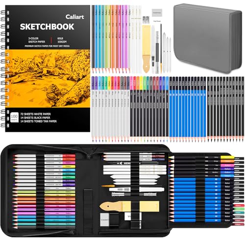 Caliart 176PCS Art Supplies Sketching Kit with 100 Sheets 3-Color Sketch Book, Graphite Colored Charcoal Watercolor & Metallic Pencils, Drawing Supplies Christmas Gifts for Artists Adults Beginners