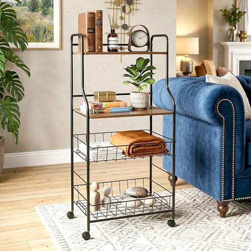Image of Lukzer 4-Tier Kitchen Storage Rack & Microwave Oven Stand with Wheels Engineered Wood Shelf & Metal Wire Basket Rolling Cart for Kitchen Pantry & Home Organizer (Black & Oak Brown /41x56x126cm) CH-092