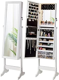 LUXFURNI LED Light Jewelry Cabinet Standing Mirror Makeup Lockable Armoire, Large Storage Organizer w/Drawers (white)