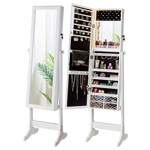 LUXFURNI LED Light Jewelry Cabinet Armoire, Standing Mirror Makeup Lockable Large Storage Organizer w/Drawers (White)