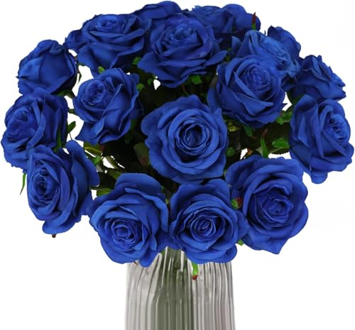 Image of Dekorly Artificial Fake Roses Flowers - 10 Pcs Fake Artificial Roses Silk Flowers with Stems for Home Room Tabletop Wedding Hotel Office Centerpiece Decor | Height 18 Inch (Blue)