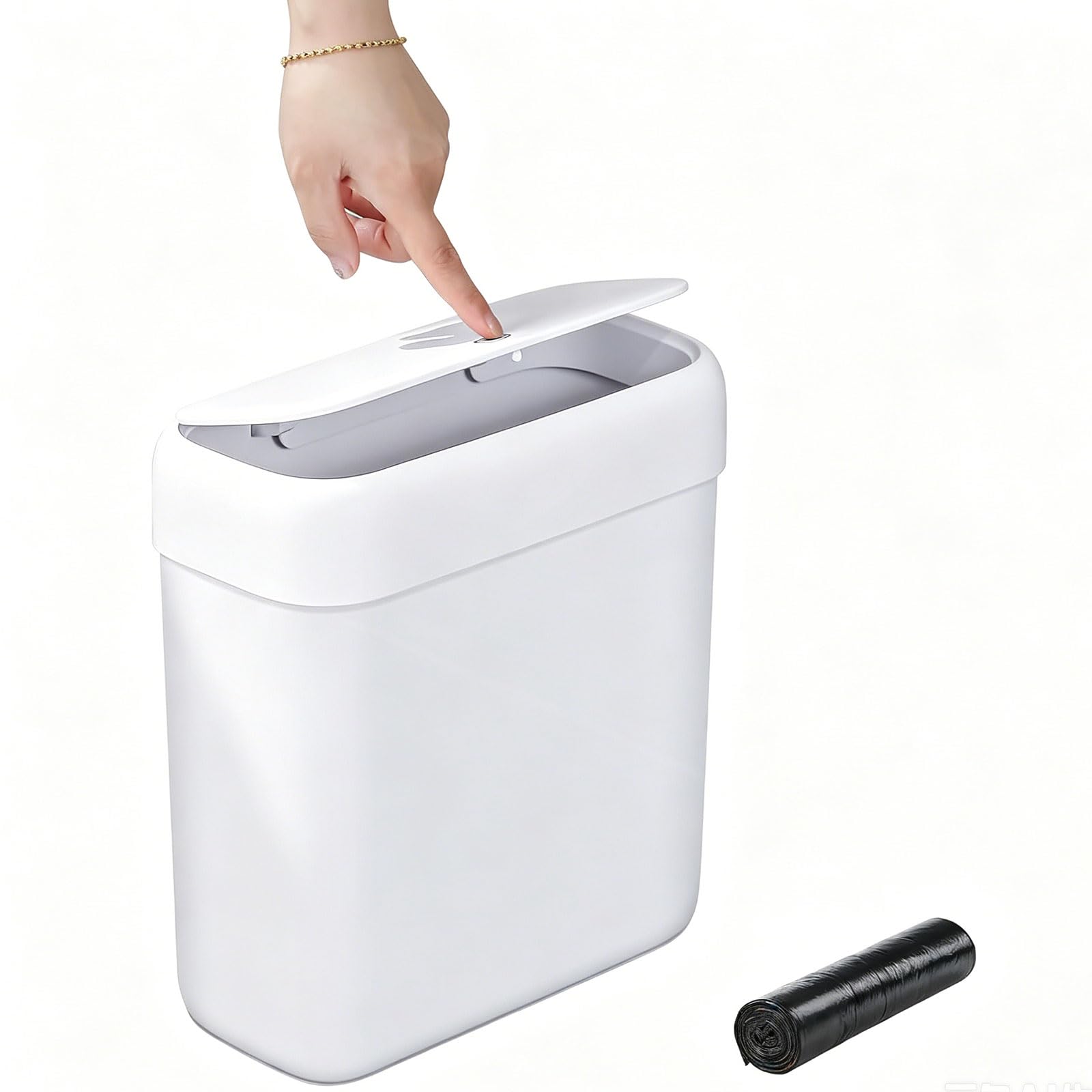 funest Mülleimer Bad mit Deckel, Schmaler Badmülleimer Weiß, Kleiner Mülleimer mit Druckknopf-Deckel, Abfalleimer Badezimmer für WC, Küche, Schlafzimmer, Wohnmobil und Büro, 8,5L