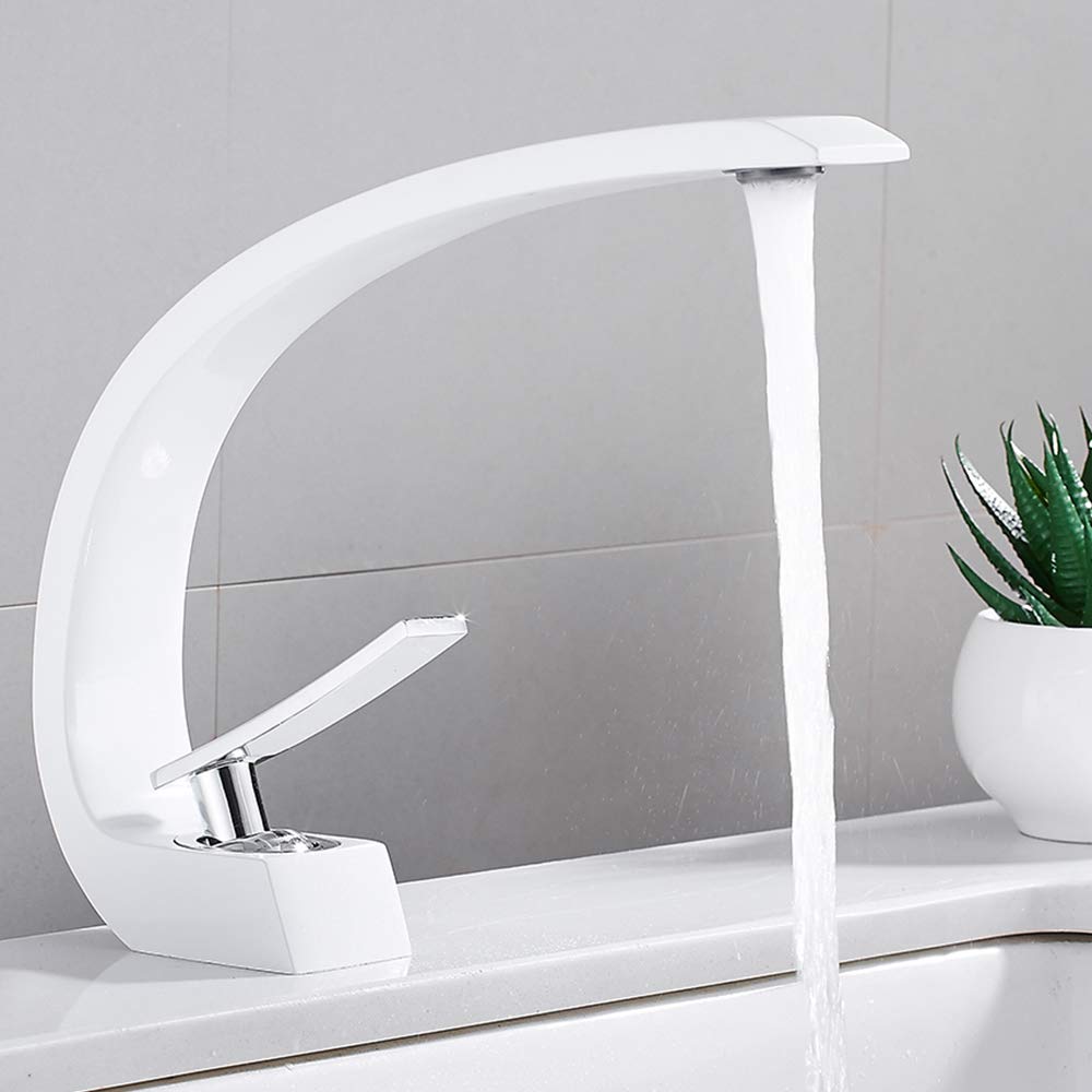 Robinet Évier Vasque Monotrou Élégant Mitigeur Lavabo Cascade Arciforme en Laiton pour Salle de Bain Baignoire (blanc)