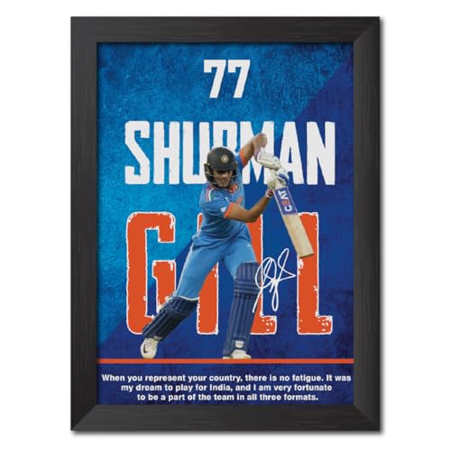 Image of TenorArts Shubhman Gill Poster with Quotes Indian Legend Cricket Player Photo Frame Painting with Matt Finish Black Textures (12 inches x 9inches)
