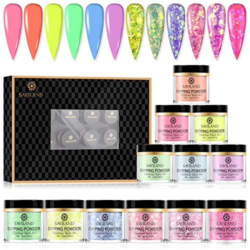 Saviland Dip Powder Nail Colors Set - 12 Glitter Dipping Powder for Starter No Nail Lamp Needed for French Nail Manicure Nail Art