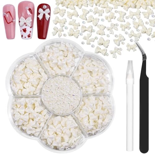 420PCS Bow Nail Charms Kit with Half Pearls 3D White Resin Bows Charms