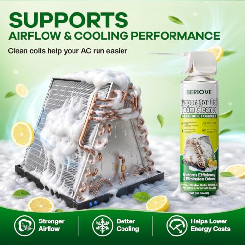 Image of BERlOVE Foaming AC Coil Cleaner: Long - Lasting Foam, Quick Dust Removal, Ideal for Dust & Grease Removal on Evaporator Coils & Condensers, Suited for HVAC Technicians & DIY Use 19oz