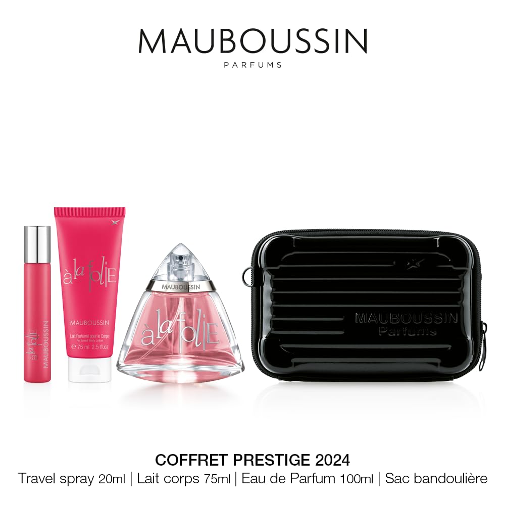 Mauboussin - Coffret Prestige A La Folie : Eau de Parfum 100ml, Lait Corps 75ml, Travel Spray 20ml & Sac Bandoulière