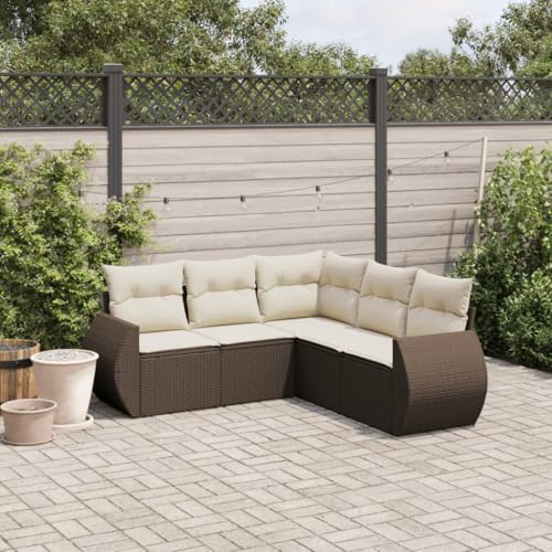 SKM Set Comedor de jardín 5 Piezas y Cojines ratán sintético marrón,Mobiliario,Muebles de jardín,Conjuntos de jardín,Marrón,44 kg,3253690