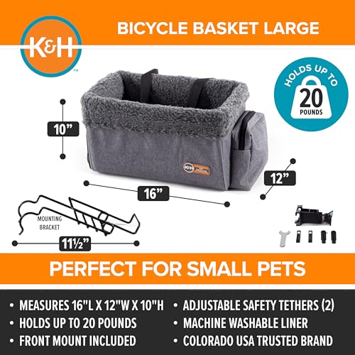 K&H Pet Products Fahrradkorb für Hunde, universelle Passform, für Katzen, Hunde, Haustiere, Fahrradkorb mit Vorderradhalterung im Lieferumfang enthalten, waschbares Futter, starker Metallkorb, 2